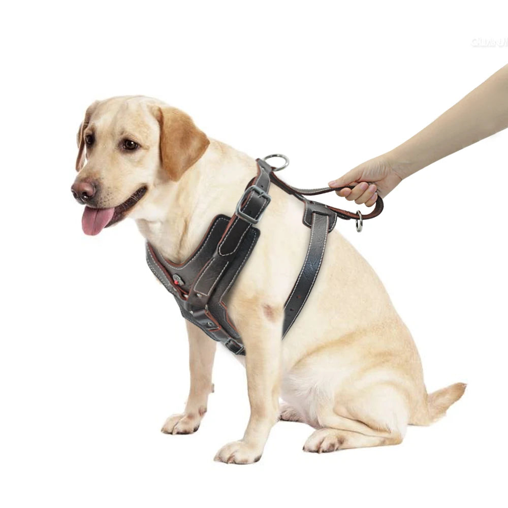 Durable Dog Harness Large Dogs Genuine Leather Harnesses Pet Training Vest with Quick Control Handle for Labrador Pitbull
