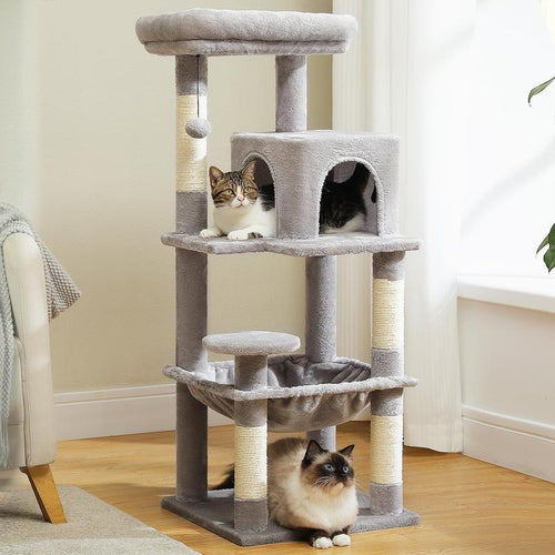 Cat Tree for Indoor Cats, 45.7"-56.3" Multi-Level Cat Tower with Large Metal Frame Hammock, Cat Condo with 4 Scratching Posts and Top Perch