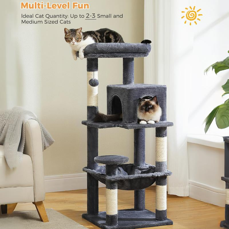 Cat Tree for Indoor Cats, 45.7"-56.3" Multi-Level Cat Tower with Large Metal Frame Hammock, Cat Condo with 4 Scratching Posts and Top Perch