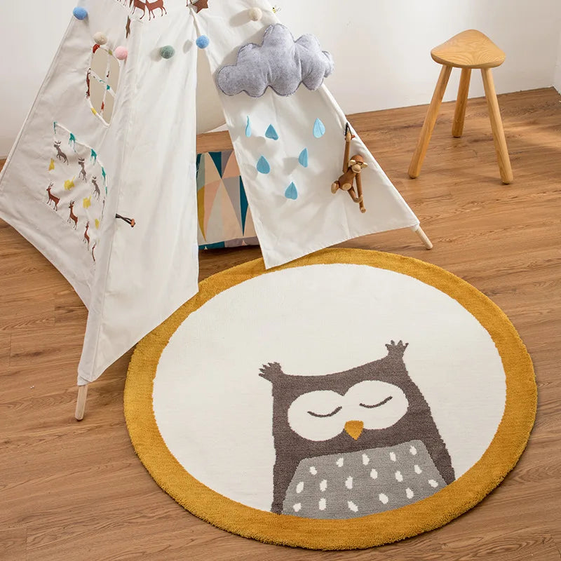 Cartoon round Carpet Owl Panda Rainbow Printed Nordic Thickened Anti-Fall Mat Bedroom Bedside Children Game Crawling Mat