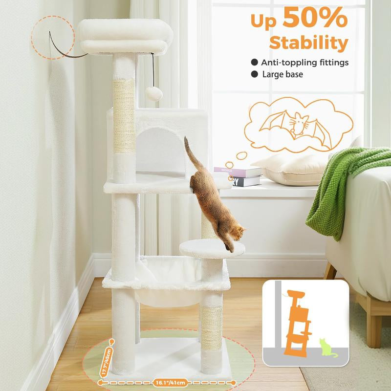 Cat Tree for Indoor Cats, 45.7"-56.3" Multi-Level Cat Tower with Large Metal Frame Hammock, Cat Condo with 4 Scratching Posts and Top Perch